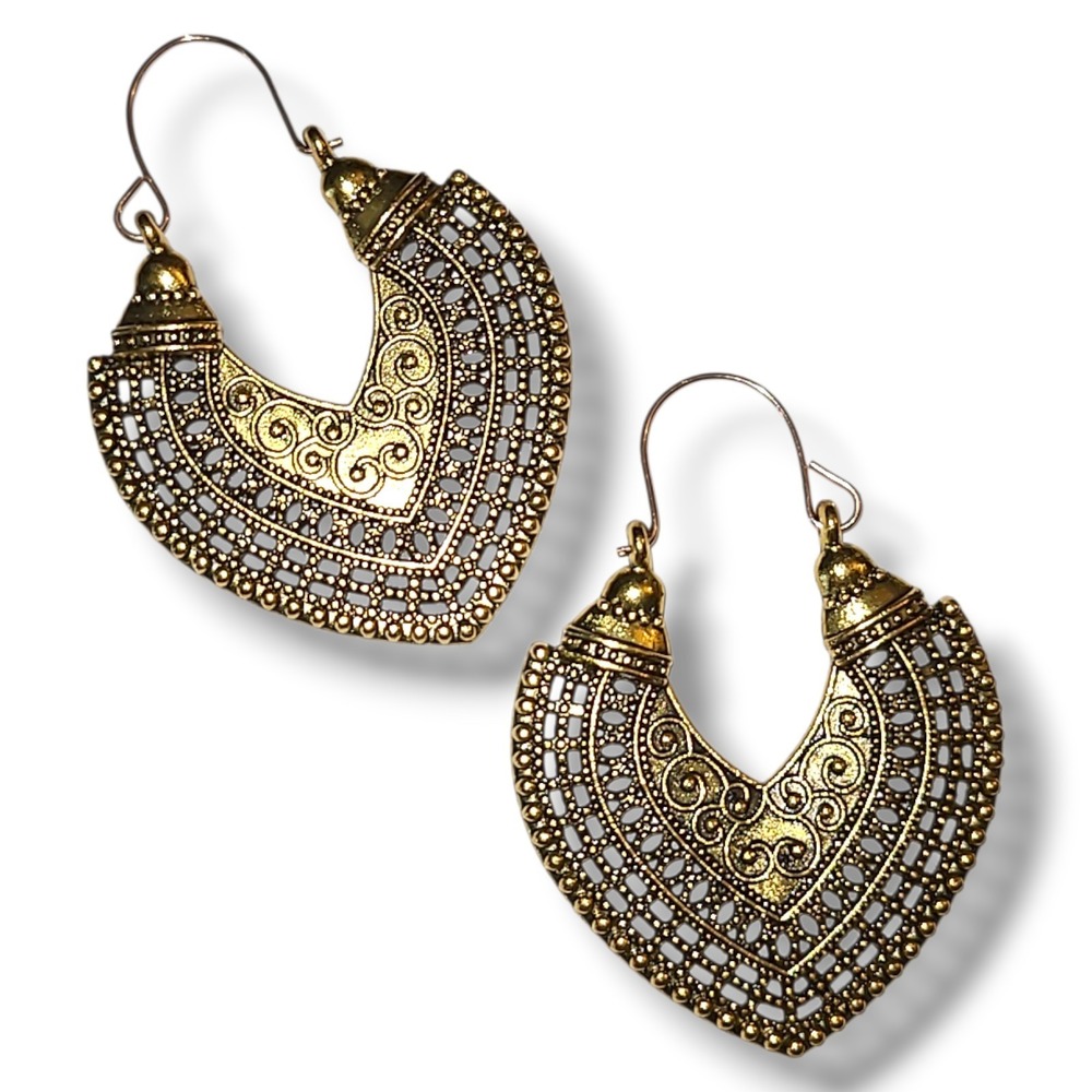 Boho Gold Tone Filigree Heart Chandbali Hoop Earrings Ethnic Festival